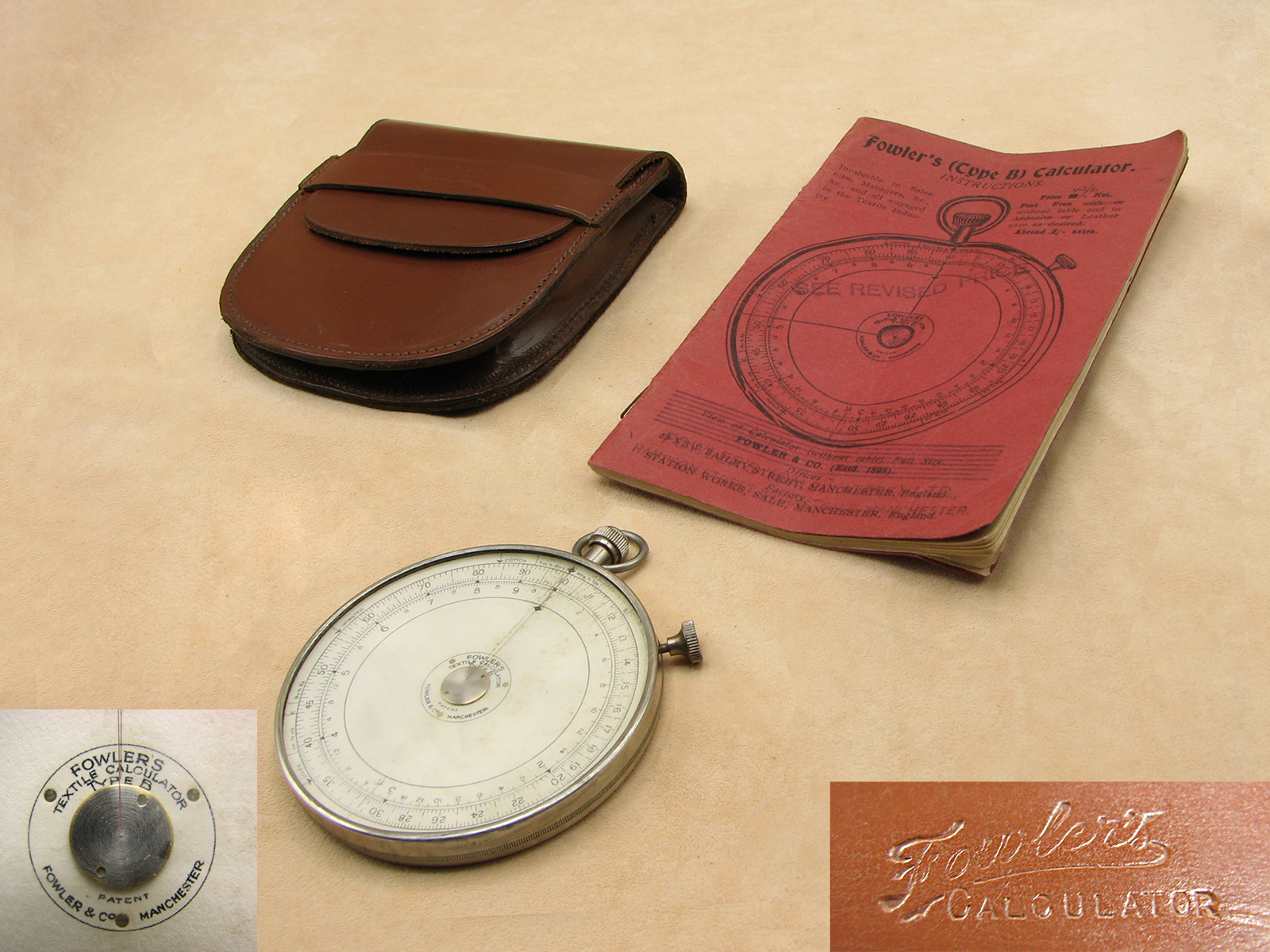 1920's Fowler's Type B Textile calculator in leather case with original instruction booklet.